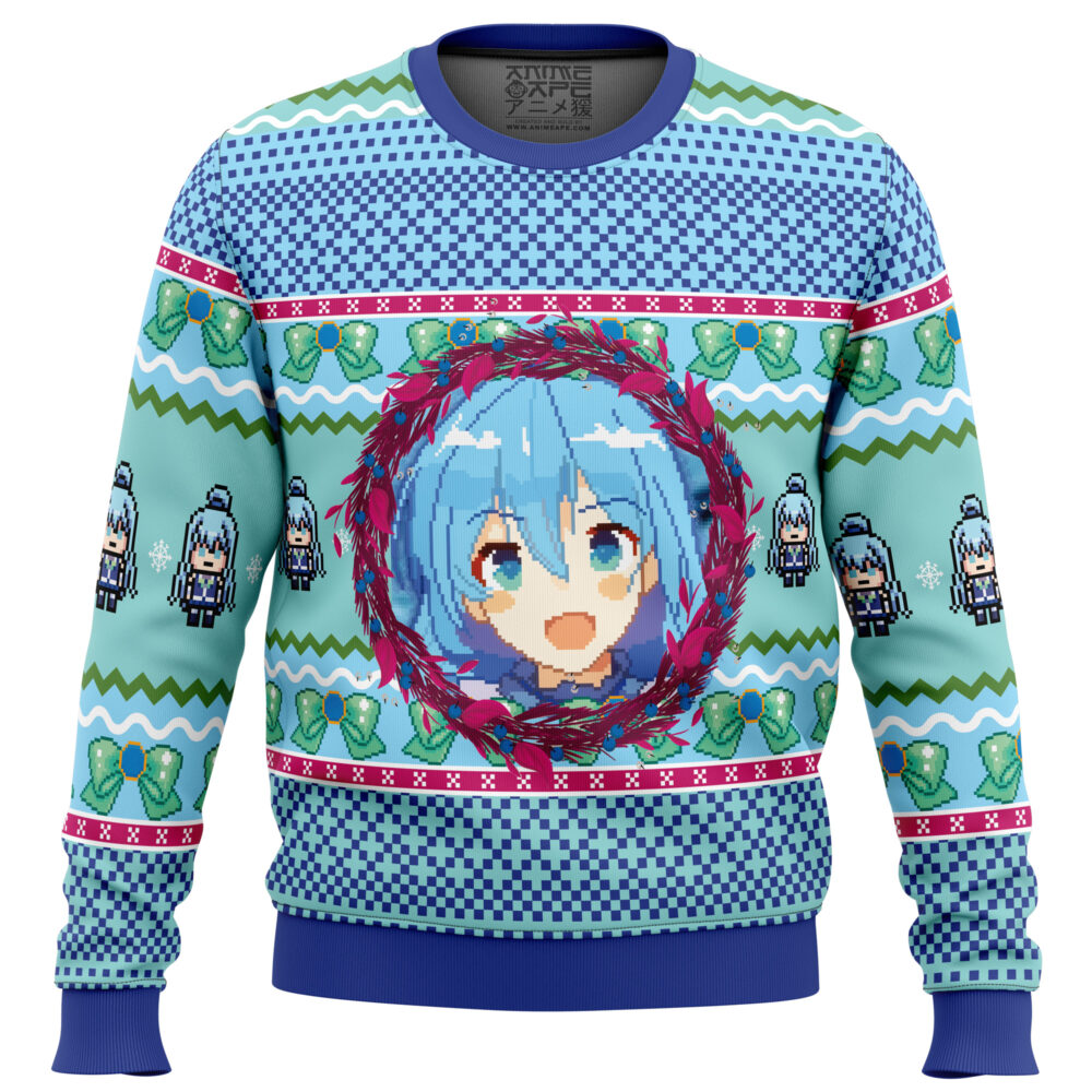 Aqua KonoSuba Ugly Christmas Sweater - Holiday Jumper Sweatshirt - Narides