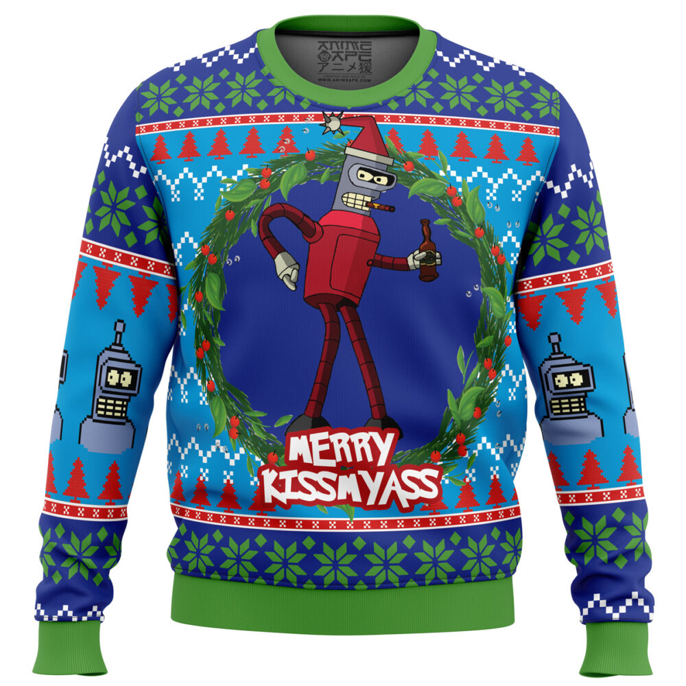 Merry Kissmyass Futurama Ugly Christmas Sweater - Holiday Jumper Sweatshirt - Narides