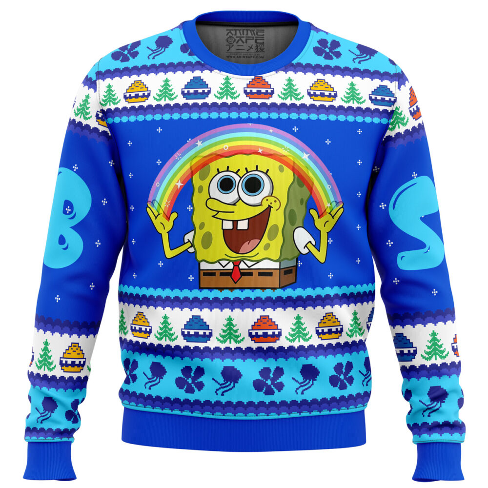 Nickelodeon Cartoons Rainbow SpongeBob Ugly Christmas Sweater - Holiday Jumper Sweatshirt - Narides