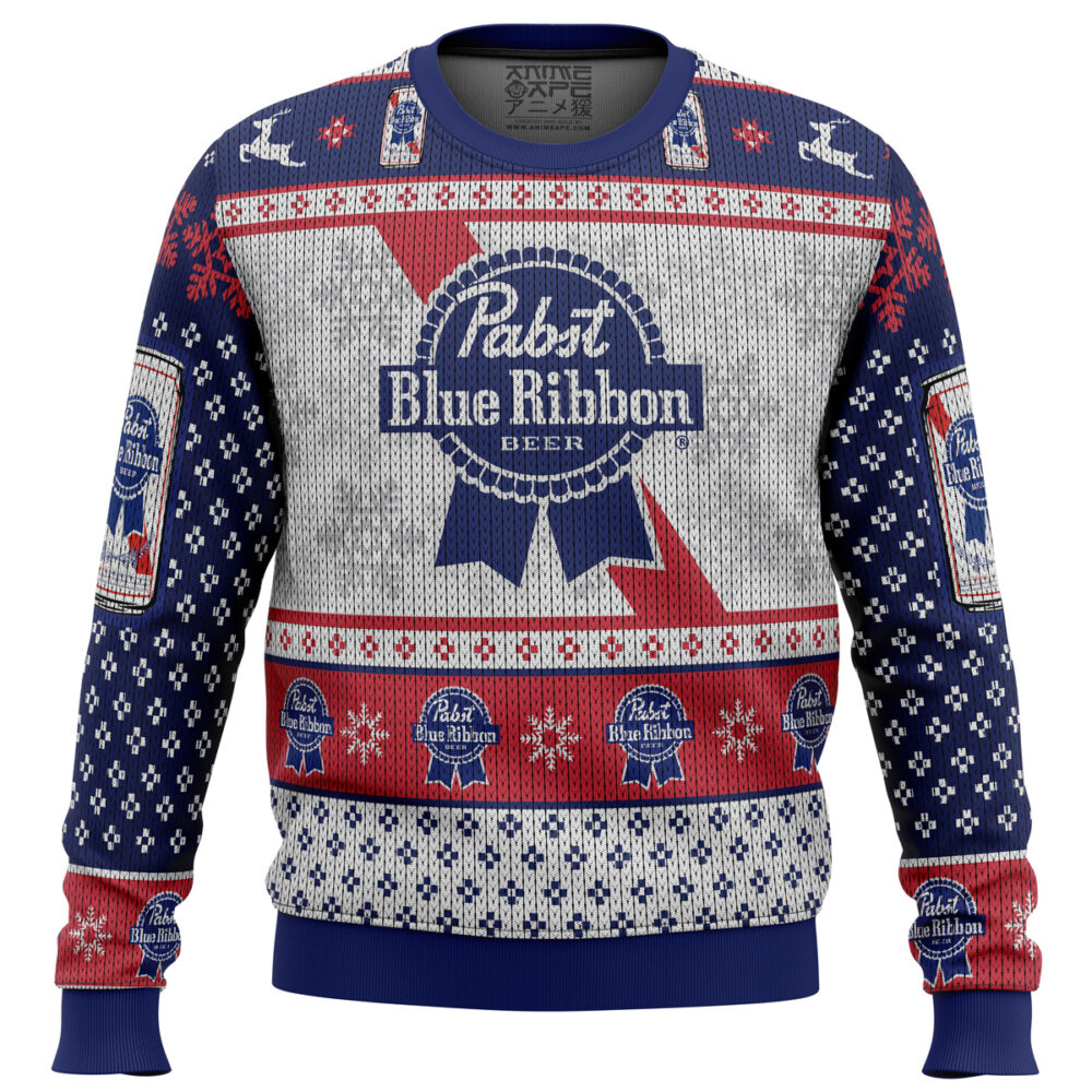 Pabst Blue Ribbon Ugly Christmas Sweater - Holiday Jumper Sweatshirt - Narides