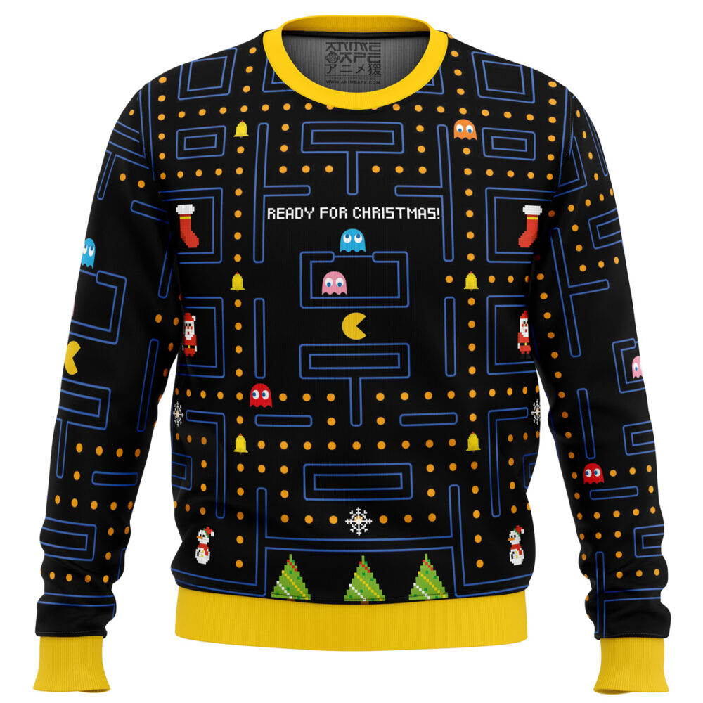 Pac Man Ready for Christmas Ugly Christmas Sweater - Holiday Jumper Sweatshirt - Narides