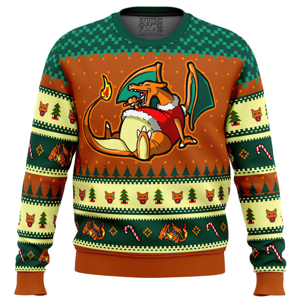 Pokemon Eating Candy Cane Charizard Ugly Christmas Sweater - Holiday Jumper Sweatshirt - Narides