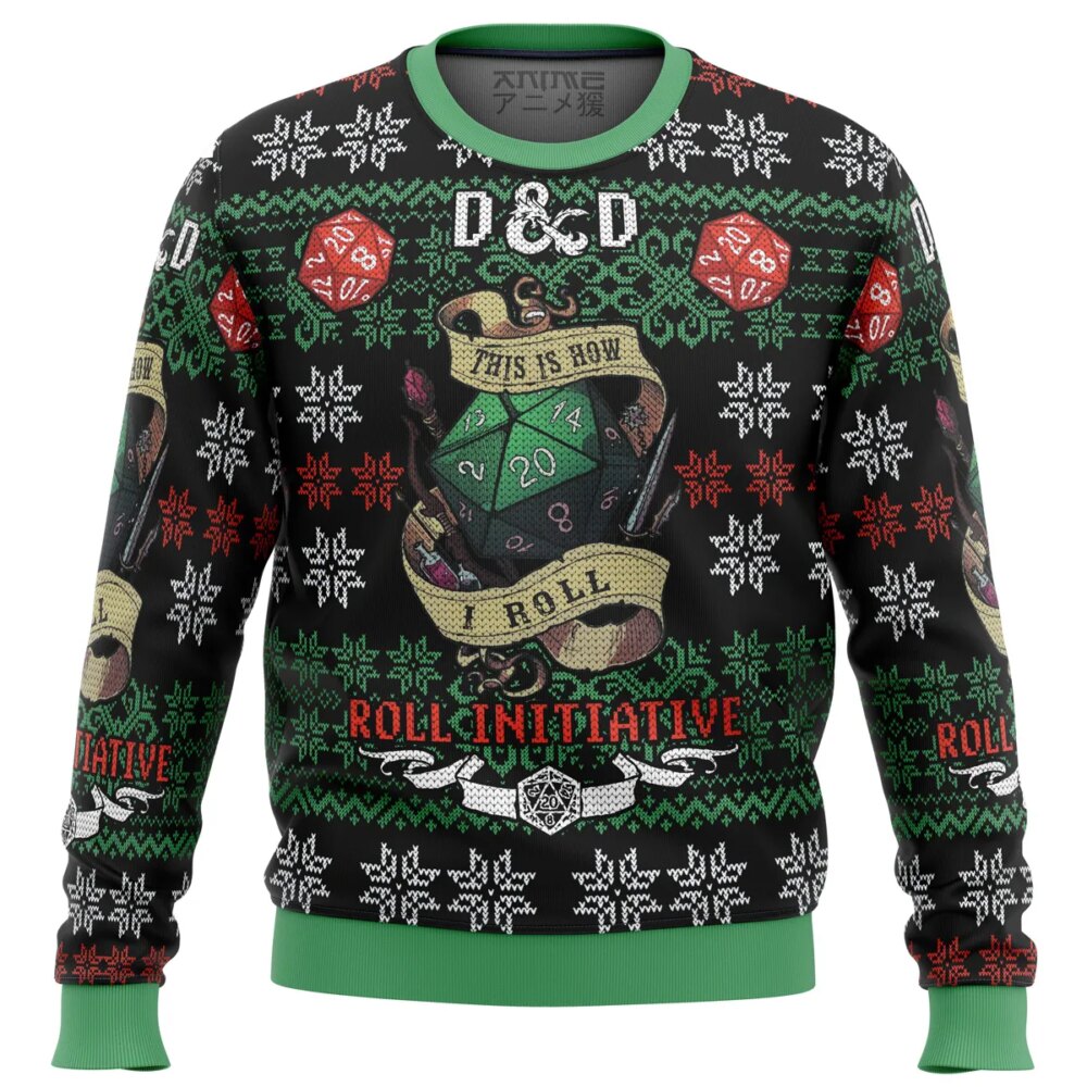 Roll Initiative Dungeons & Dragons Ugly Christmas Sweater - Holiday Jumper Sweatshirt - Narides