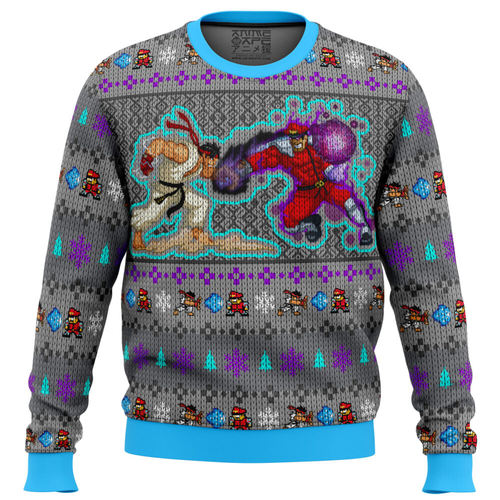 Street Fighter Ryu Vs. M. Bison Ugly Christmas Sweater - Holiday Jumper Sweatshirt - Narides