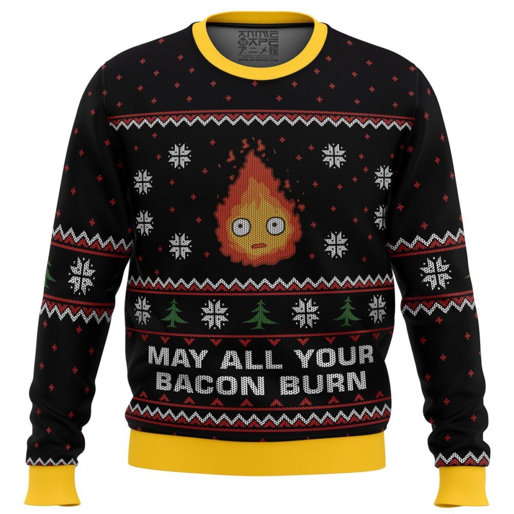 Studio Ghibli May All Your Bacon Burn Calcifer Ugly Christmas Sweater - Holiday Jumper Sweatshirt - Narides