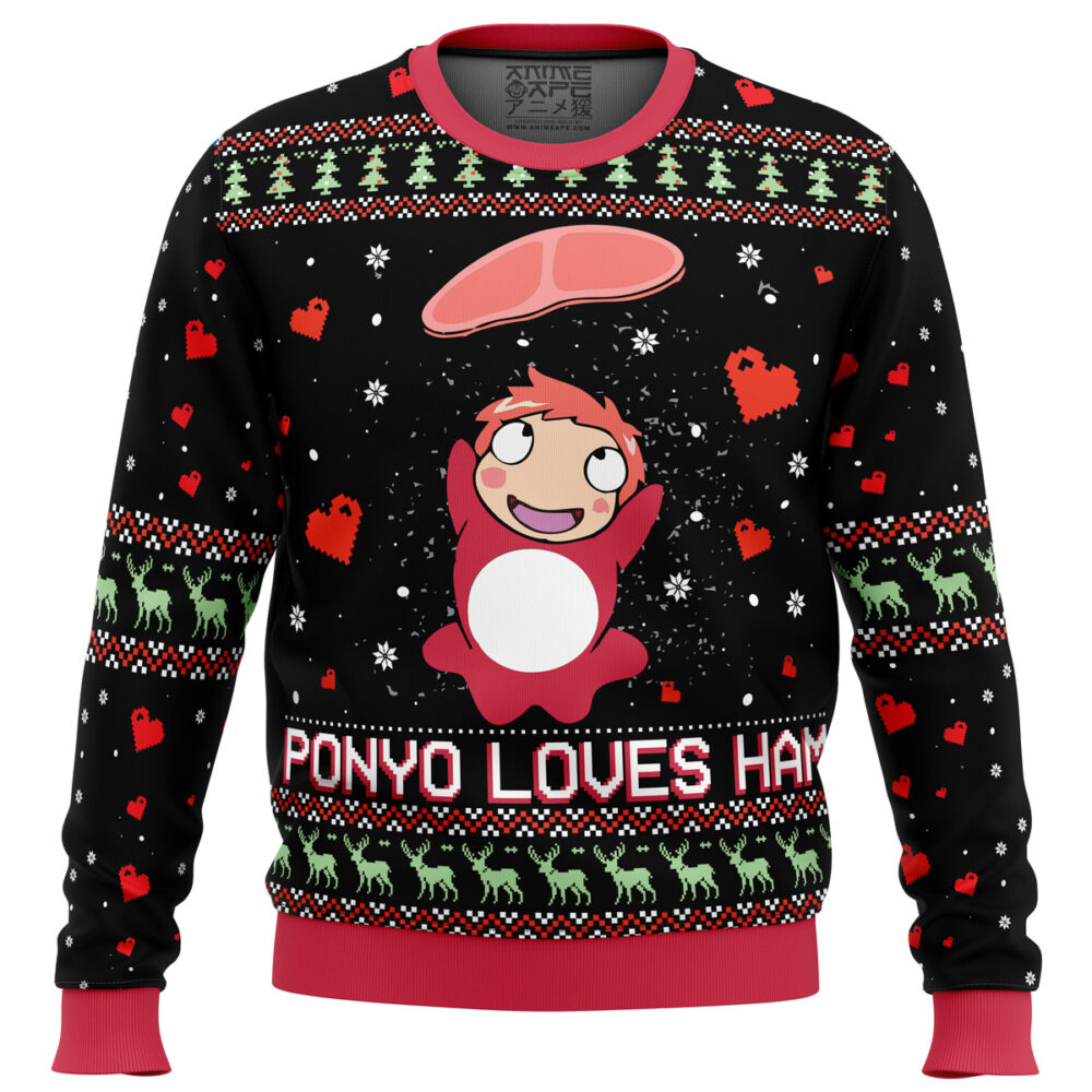 Studio Ghibli Ponyo Loves Ham Miyazaki Ugly Christmas Sweater - Holiday Jumper Sweatshirt - Narides