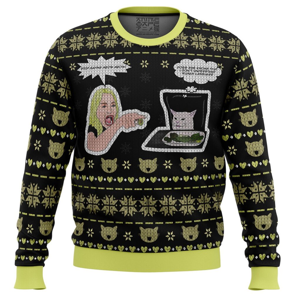 Woman Yelling At Cat Meme Ugly Christmas Sweater - Funny Holiday Jumper Sweatshirt - Narides